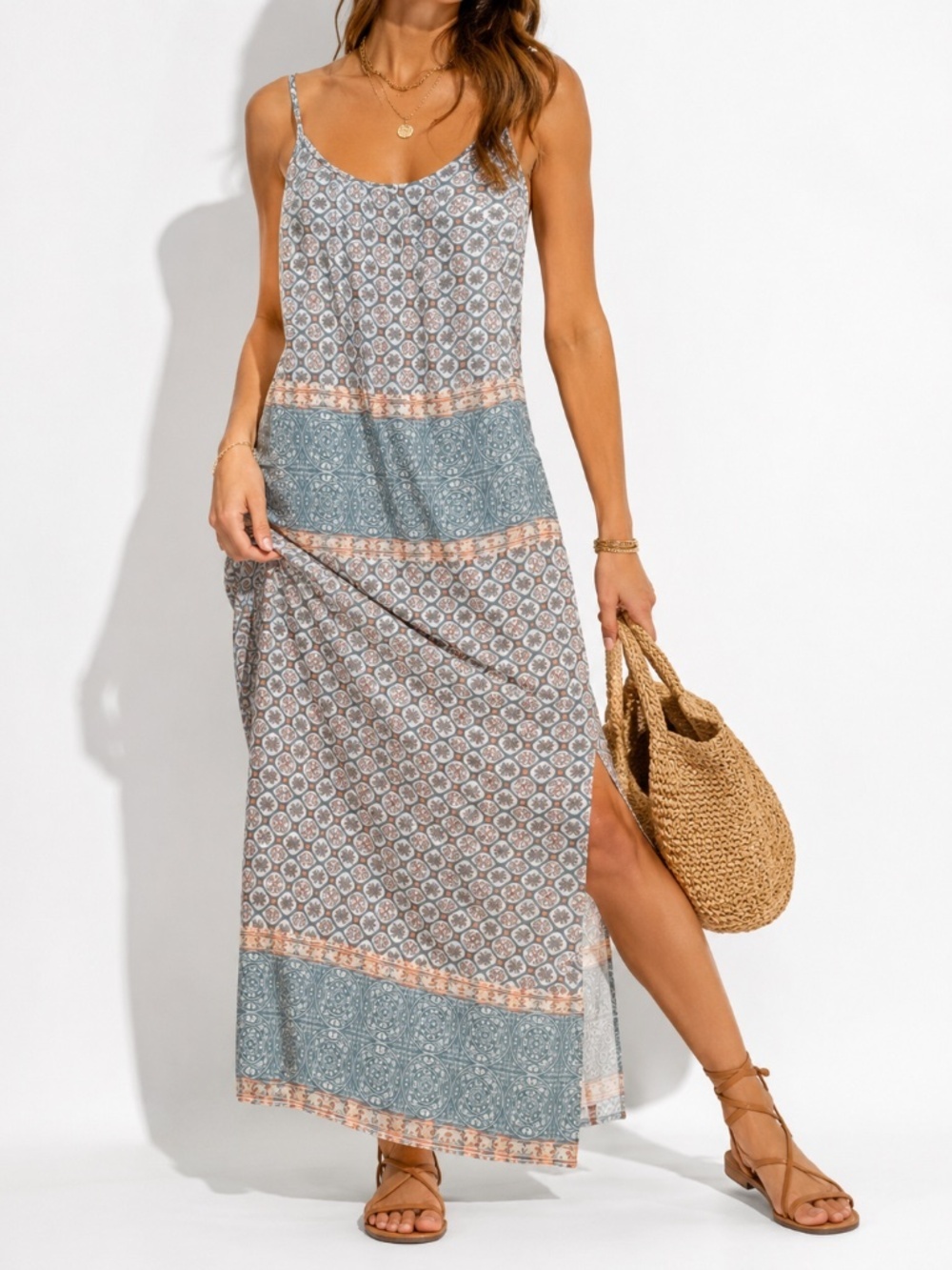 Knox Rose Boho Maxi Dress Medium Blue Coral Print Pockets Sleeveless - Picture 2 of 7